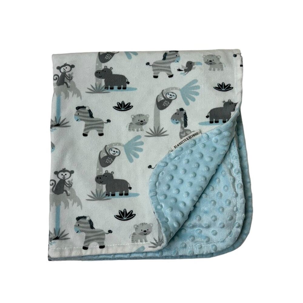 Blankets & Beyond Blue Gray Minky Dot Monkey Giraffe Zebra Sloth Tiger Blanket
